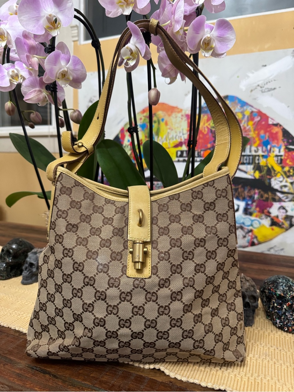 Gucci GG Jackie Shoulder Bag Yellow Leather Trim